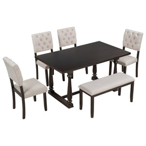 English Elm Trexm 6 Piece Espresso Pine Veneer Dining Set with Tufted Burlap Upholstered Seating ST000059AAP-2026