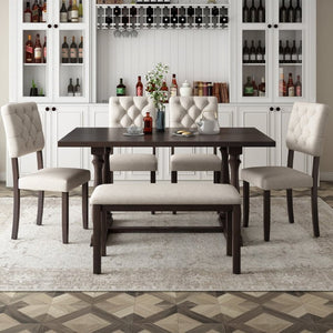 English Elm Trexm 6 Piece Espresso Pine Veneer Dining Set with Tufted Burlap Upholstered Seating ST000059AAP-2026
