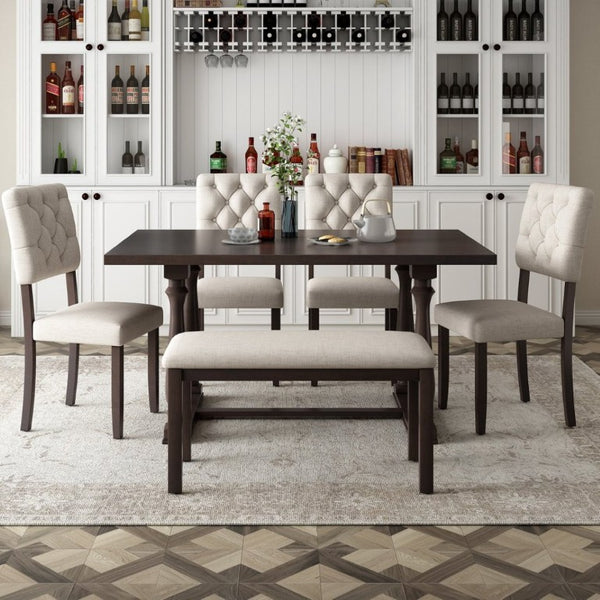 English Elm Trexm 6 Piece Espresso Pine Veneer Dining Set with Tufted Burlap Upholstered Seating ST000059AAP-2026