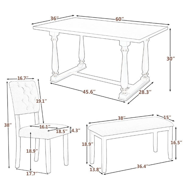 English Elm Trexm 6 Piece Espresso Pine Veneer Dining Set with Tufted Burlap Upholstered Seating ST000059AAP-2026