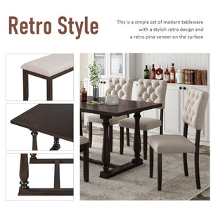 English Elm Trexm 6 Piece Espresso Pine Veneer Dining Set with Tufted Burlap Upholstered Seating ST000059AAP-2026