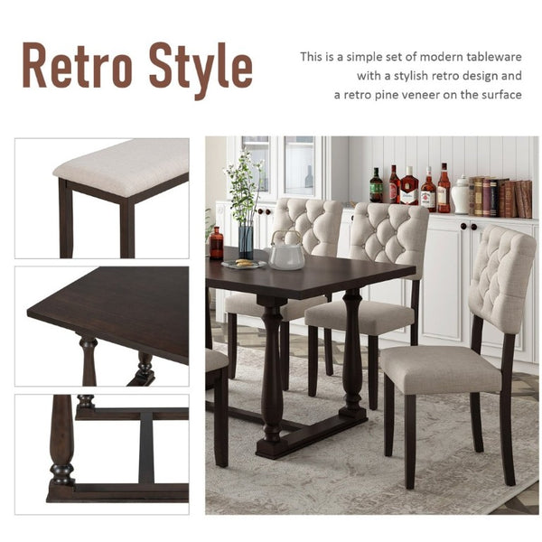 English Elm Trexm 6 Piece Espresso Pine Veneer Dining Set with Tufted Burlap Upholstered Seating ST000059AAP-2026