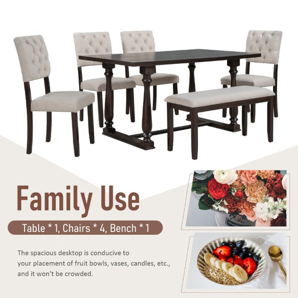 English Elm Trexm 6 Piece Espresso Pine Veneer Dining Set with Tufted Burlap Upholstered Seating ST000059AAP-2026