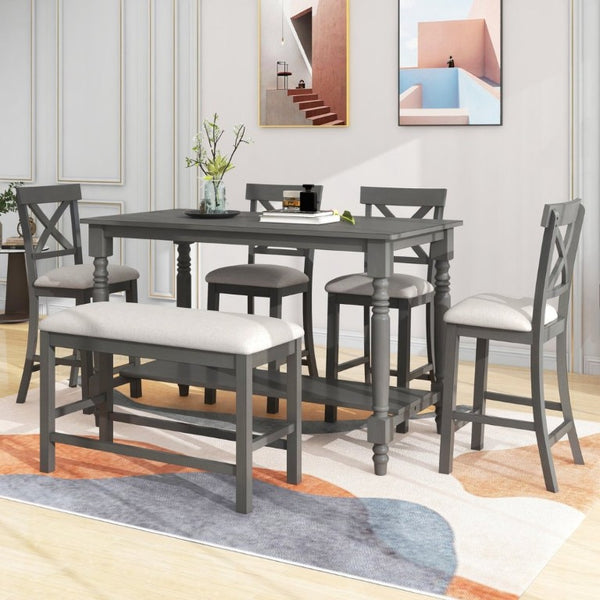 English Elm Trexm Farmhouse Counter Height Dining Set with Ladder Back Chairs Bench and Shelf Gray ST000064AAE-2026
