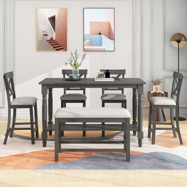English Elm Trexm Farmhouse Counter Height Dining Set with Ladder Back Chairs Bench and Shelf Gray ST000064AAE-2026