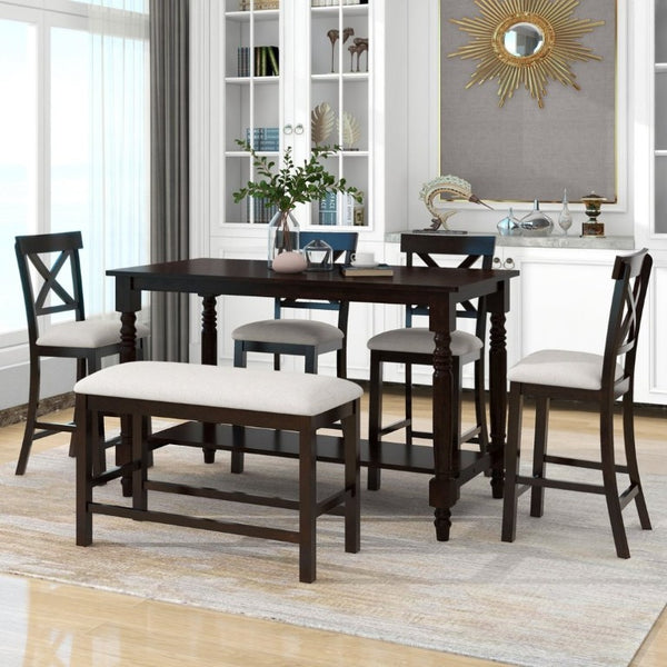 English Elm Trexm Farmhouse Counter Height Dining Set with Ladder Back Chairs Bench and Shelf Espresso ST000064AAP-2026