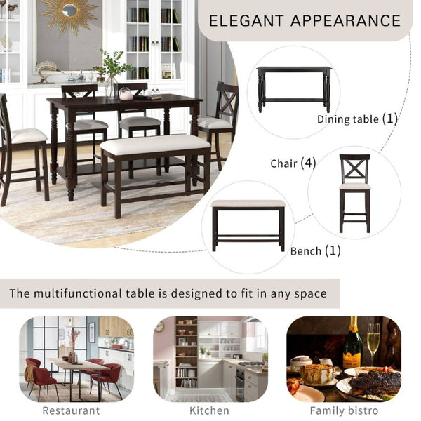 English Elm Trexm Farmhouse Counter Height Dining Set with Ladder Back Chairs Bench and Shelf Espresso ST000064AAP-2026