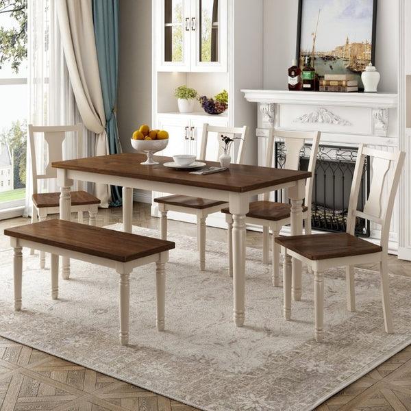 English Elm Trexm Farmhouse Six Seat Dining Set with Turned Legs Bench and Four Chairs in Wood ST000065AAD