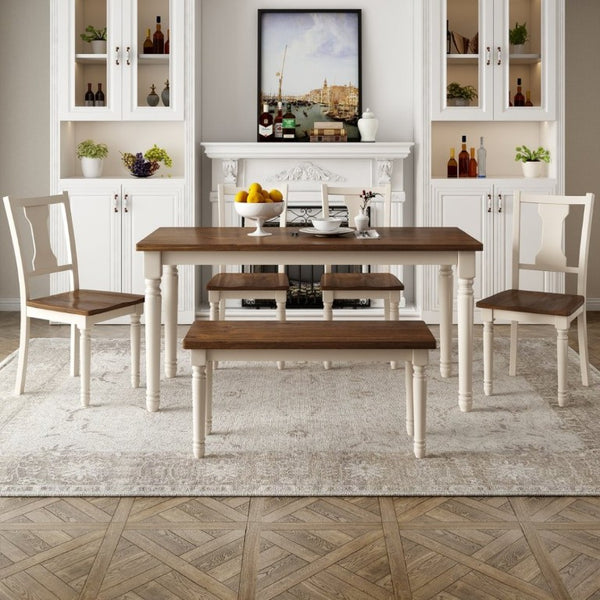English Elm Trexm Farmhouse Six Seat Dining Set with Turned Legs Bench and Four Chairs in Wood ST000065AAD