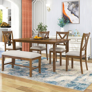 English Elm Trexm Farmhouse Six Piece Dining Set Rectangular Table Upholstered Chairs Bench Natural Cherry ST000066AAD-2026