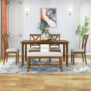 English Elm Trexm Farmhouse Six Piece Dining Set Rectangular Table Upholstered Chairs Bench Natural Cherry ST000066AAD-2026