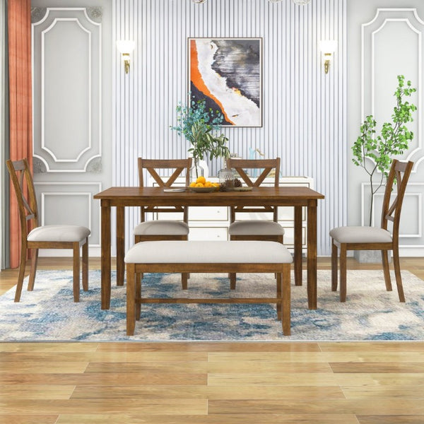 English Elm Trexm Farmhouse Six Piece Dining Set Rectangular Table Upholstered Chairs Bench Natural Cherry ST000066AAD-2026