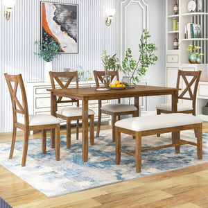 English Elm Trexm Farmhouse Six Piece Dining Set Rectangular Table Upholstered Chairs Bench Natural Cherry ST000066AAD-2026