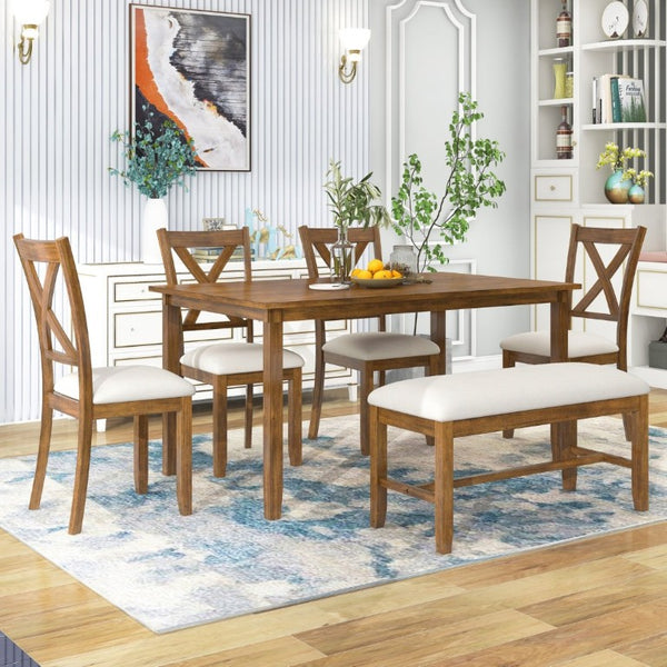 English Elm Trexm Farmhouse Six Piece Dining Set Rectangular Table Upholstered Chairs Bench Natural Cherry ST000066AAD-2026