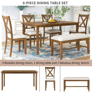 English Elm Trexm Farmhouse Six Piece Dining Set Rectangular Table Upholstered Chairs Bench Natural Cherry ST000066AAD-2026