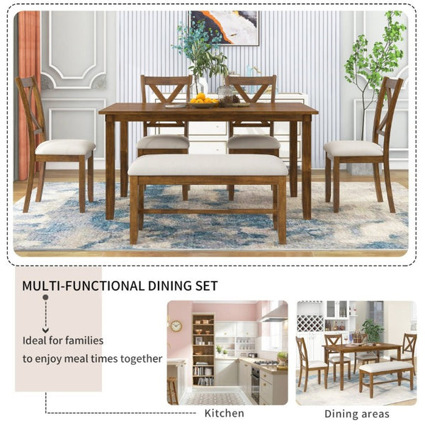 English Elm Trexm Farmhouse Six Piece Dining Set Rectangular Table Upholstered Chairs Bench Natural Cherry ST000066AAD-2026