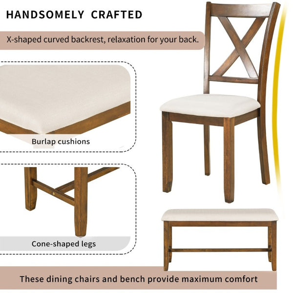 English Elm Trexm Farmhouse Six Piece Dining Set Rectangular Table Upholstered Chairs Bench Natural Cherry ST000066AAD-2026