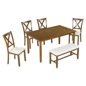 English Elm Trexm Farmhouse Six Piece Dining Set Rectangular Table Upholstered Chairs Bench Natural Cherry ST000066AAD-2026