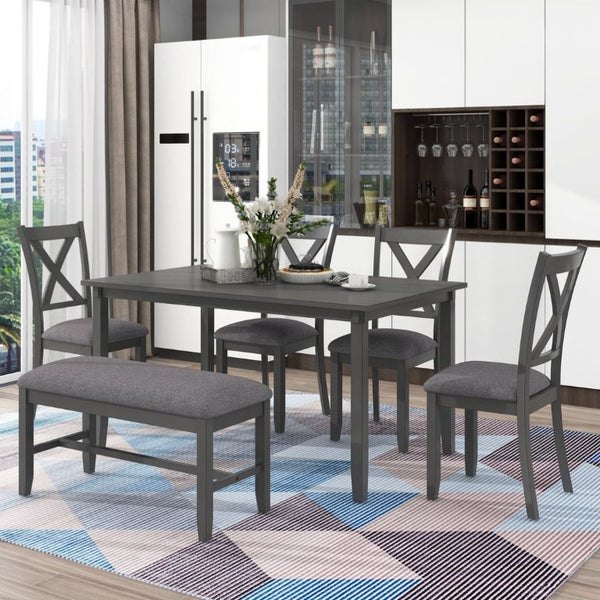 English Elm Trexm Farmhouse Six Piece Dining Set Rectangular Table Upholstered Chairs Bench Gray ST000066AAE-2026