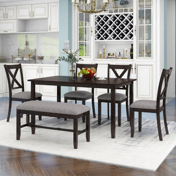 English Elm Trexm Farmhouse Six Piece Dining Set Rectangular Table Upholstered Chairs Bench Espresso ST000066AAP-2026