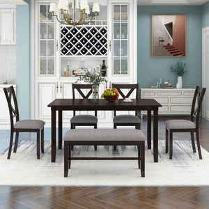 English Elm Trexm Farmhouse Six Piece Dining Set Rectangular Table Upholstered Chairs Bench Espresso ST000066AAP-2026