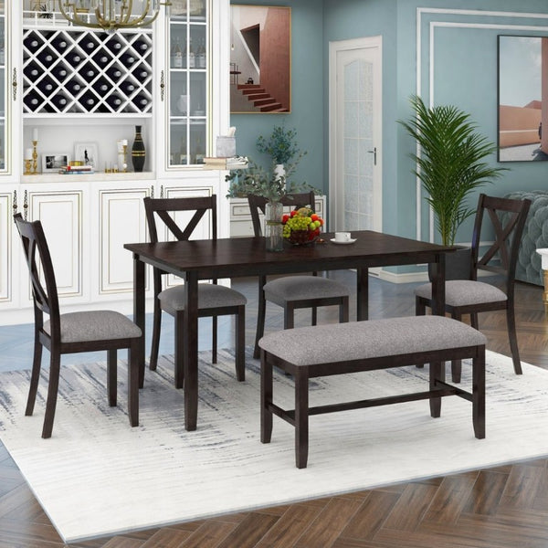English Elm Trexm Farmhouse Six Piece Dining Set Rectangular Table Upholstered Chairs Bench Espresso ST000066AAP-2026