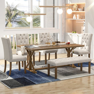 English Elm Trexm Farmhouse 6 Piece Dining Set with Trestle Table Four Tufted Chairs and Bench Walnut ST000067AAD