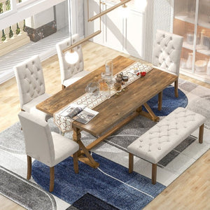 English Elm Trexm Farmhouse 6 Piece Dining Set with Trestle Table Four Tufted Chairs and Bench Walnut ST000067AAD