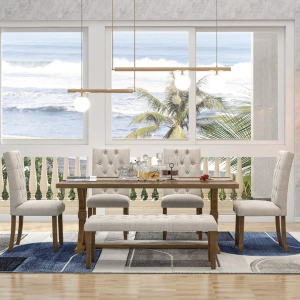 English Elm Trexm Farmhouse 6 Piece Dining Set with Trestle Table Four Tufted Chairs and Bench Walnut ST000067AAD