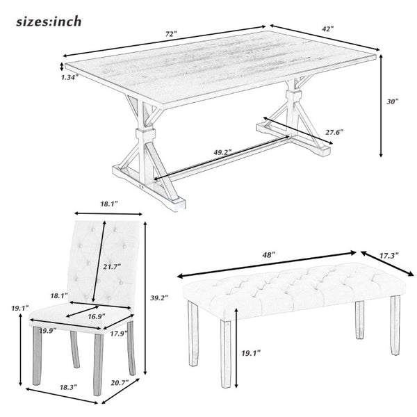 English Elm Trexm Farmhouse 6 Piece Dining Set with Trestle Table Four Tufted Chairs and Bench Walnut ST000067AAD