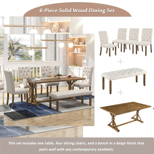 English Elm Trexm Farmhouse 6 Piece Dining Set with Trestle Table Four Tufted Chairs and Bench Walnut ST000067AAD