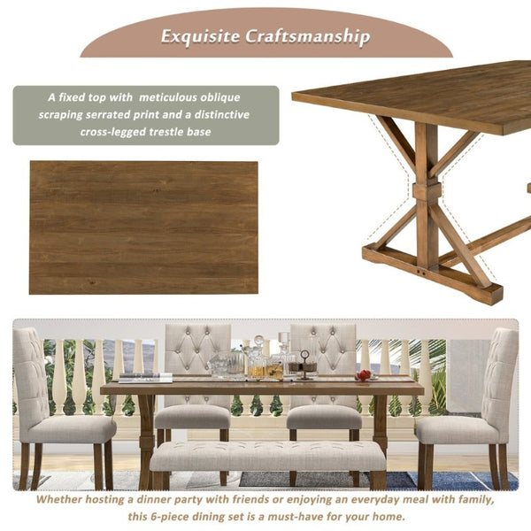 English Elm Trexm Farmhouse 6 Piece Dining Set with Trestle Table Four Tufted Chairs and Bench Walnut ST000067AAD