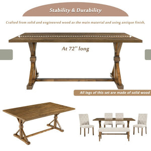 English Elm Trexm Farmhouse 6 Piece Dining Set with Trestle Table Four Tufted Chairs and Bench Walnut ST000067AAD