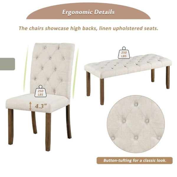 English Elm Trexm Farmhouse 6 Piece Dining Set with Trestle Table Four Tufted Chairs and Bench Walnut ST000067AAD
