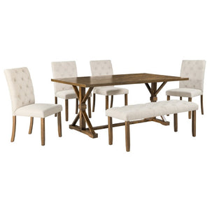 English Elm Trexm Farmhouse 6 Piece Dining Set with Trestle Table Four Tufted Chairs and Bench Walnut ST000067AAD