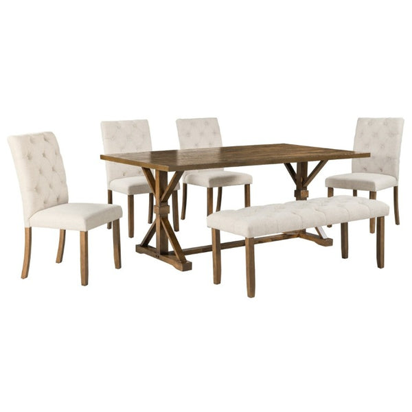 English Elm Trexm Farmhouse 6 Piece Dining Set with Trestle Table Four Tufted Chairs and Bench Walnut ST000067AAD
