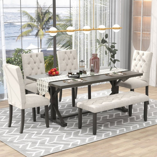 English Elm Trexm Farmhouse 6 Piece Dining Set with Trestle Table Four Tufted Chairs and Bench Gray ST000067AAE