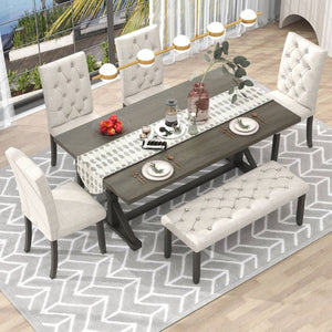 English Elm Trexm Farmhouse 6 Piece Dining Set with Trestle Table Four Tufted Chairs and Bench Gray ST000067AAE