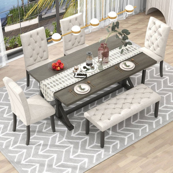 English Elm Trexm Farmhouse 6 Piece Dining Set with Trestle Table Four Tufted Chairs and Bench Gray ST000067AAE