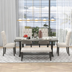 English Elm Trexm Farmhouse 6 Piece Dining Set with Trestle Table Four Tufted Chairs and Bench Gray ST000067AAE