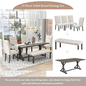English Elm Trexm Farmhouse 6 Piece Dining Set with Trestle Table Four Tufted Chairs and Bench Gray ST000067AAE