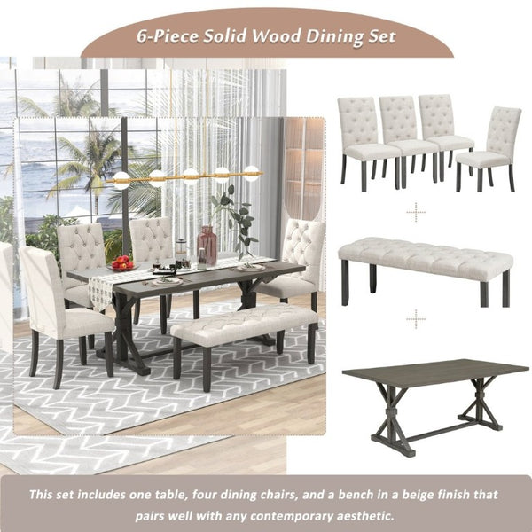 English Elm Trexm Farmhouse 6 Piece Dining Set with Trestle Table Four Tufted Chairs and Bench Gray ST000067AAE