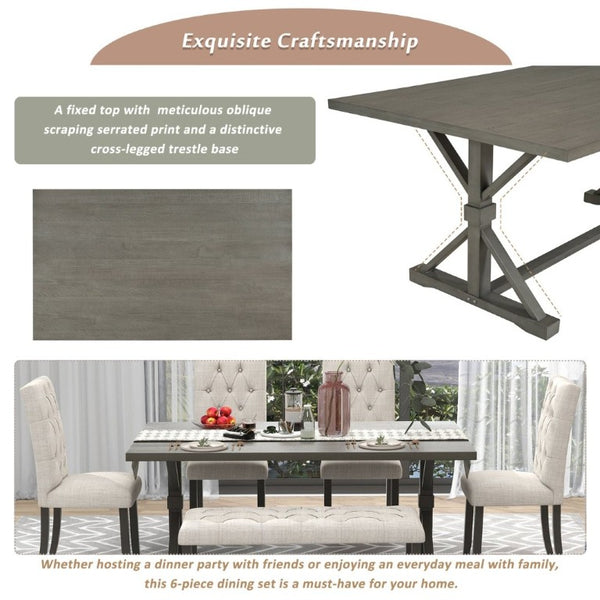 English Elm Trexm Farmhouse 6 Piece Dining Set with Trestle Table Four Tufted Chairs and Bench Gray ST000067AAE