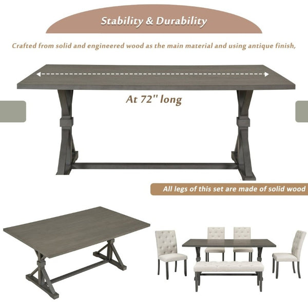 English Elm Trexm Farmhouse 6 Piece Dining Set with Trestle Table Four Tufted Chairs and Bench Gray ST000067AAE