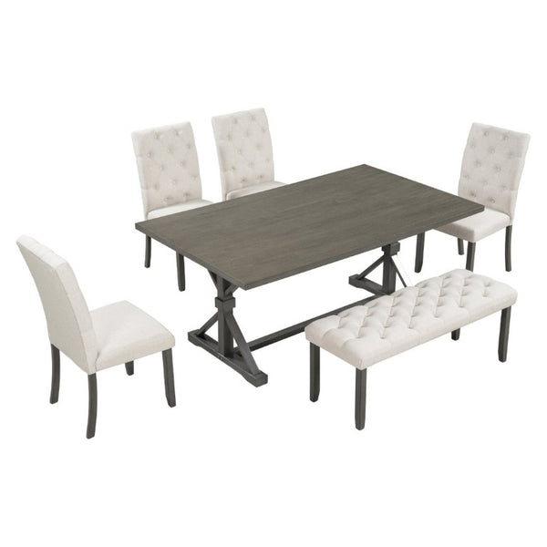 English Elm Trexm Farmhouse 6 Piece Dining Set with Trestle Table Four Tufted Chairs and Bench Gray ST000067AAE