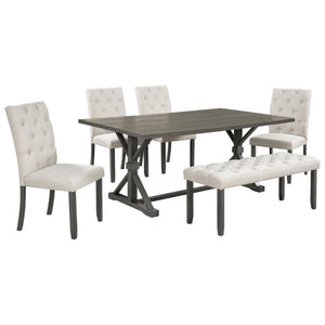 English Elm Trexm Farmhouse 6 Piece Dining Set with Trestle Table Four Tufted Chairs and Bench Gray ST000067AAE