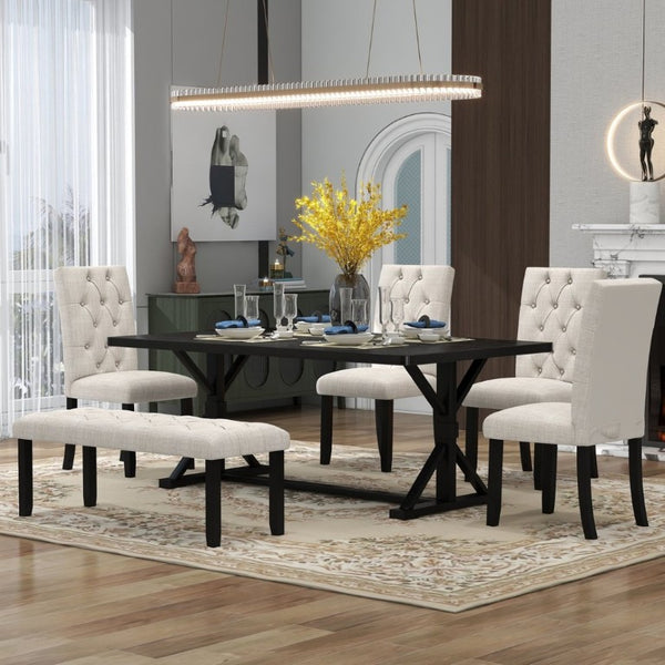 English Elm Trexm Farmhouse Trestle Dining Set Seats Six with Tufted Chairs and Bench Espresso ST000067AAP