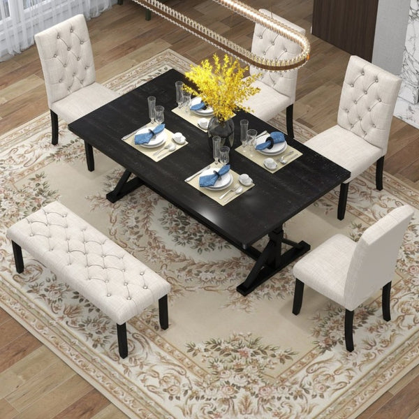English Elm Trexm Farmhouse Trestle Dining Set Seats Six with Tufted Chairs and Bench Espresso ST000067AAP