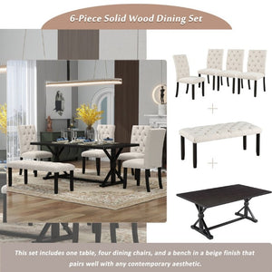 English Elm Trexm Farmhouse Trestle Dining Set Seats Six with Tufted Chairs and Bench Espresso ST000067AAP