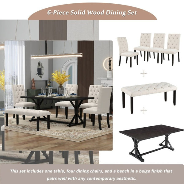 English Elm Trexm Farmhouse Trestle Dining Set Seats Six with Tufted Chairs and Bench Espresso ST000067AAP